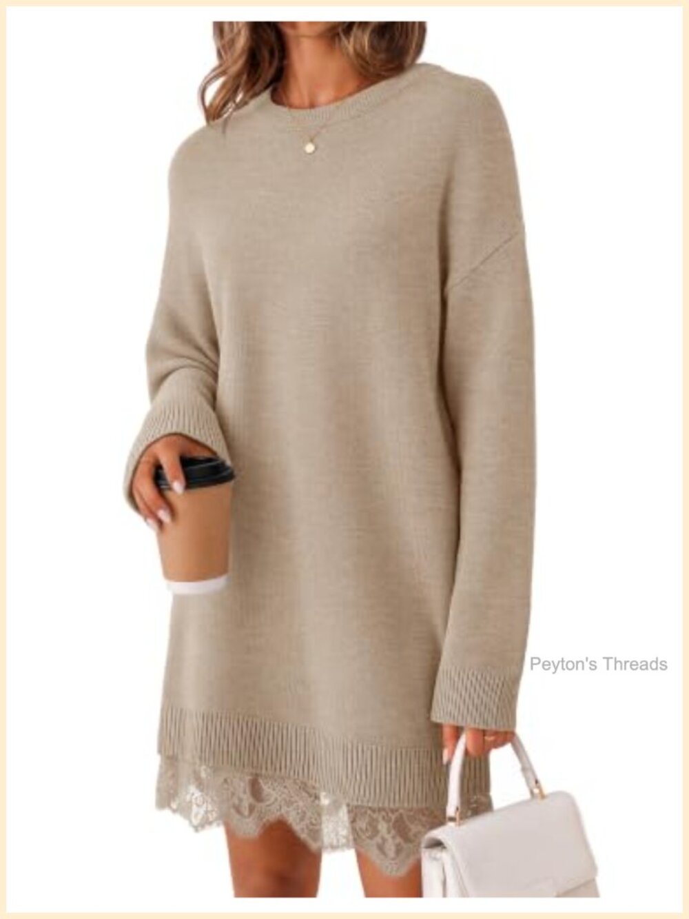 Women's Oversized Knit Sweater Dress Long Sleeve Lace Hem Mini Casual Fall